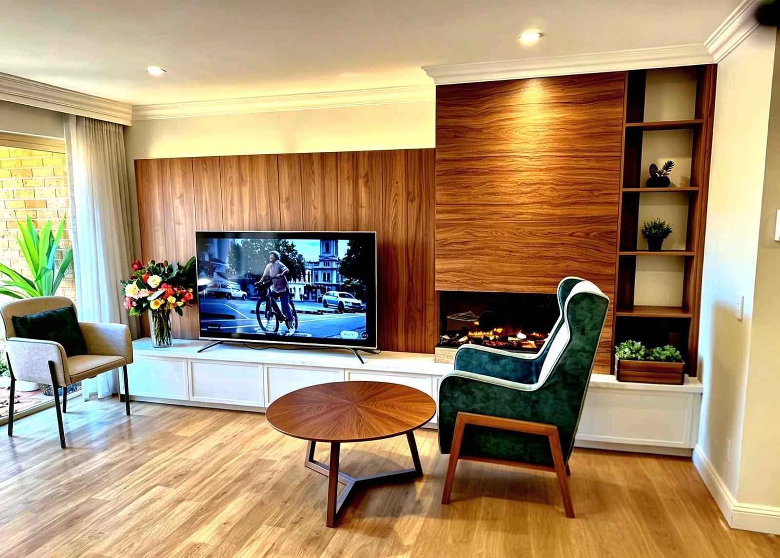 Custom joinery fit-out in a Sydney aged care residence — walnut feature wall, built-in fireplace and cabinetry