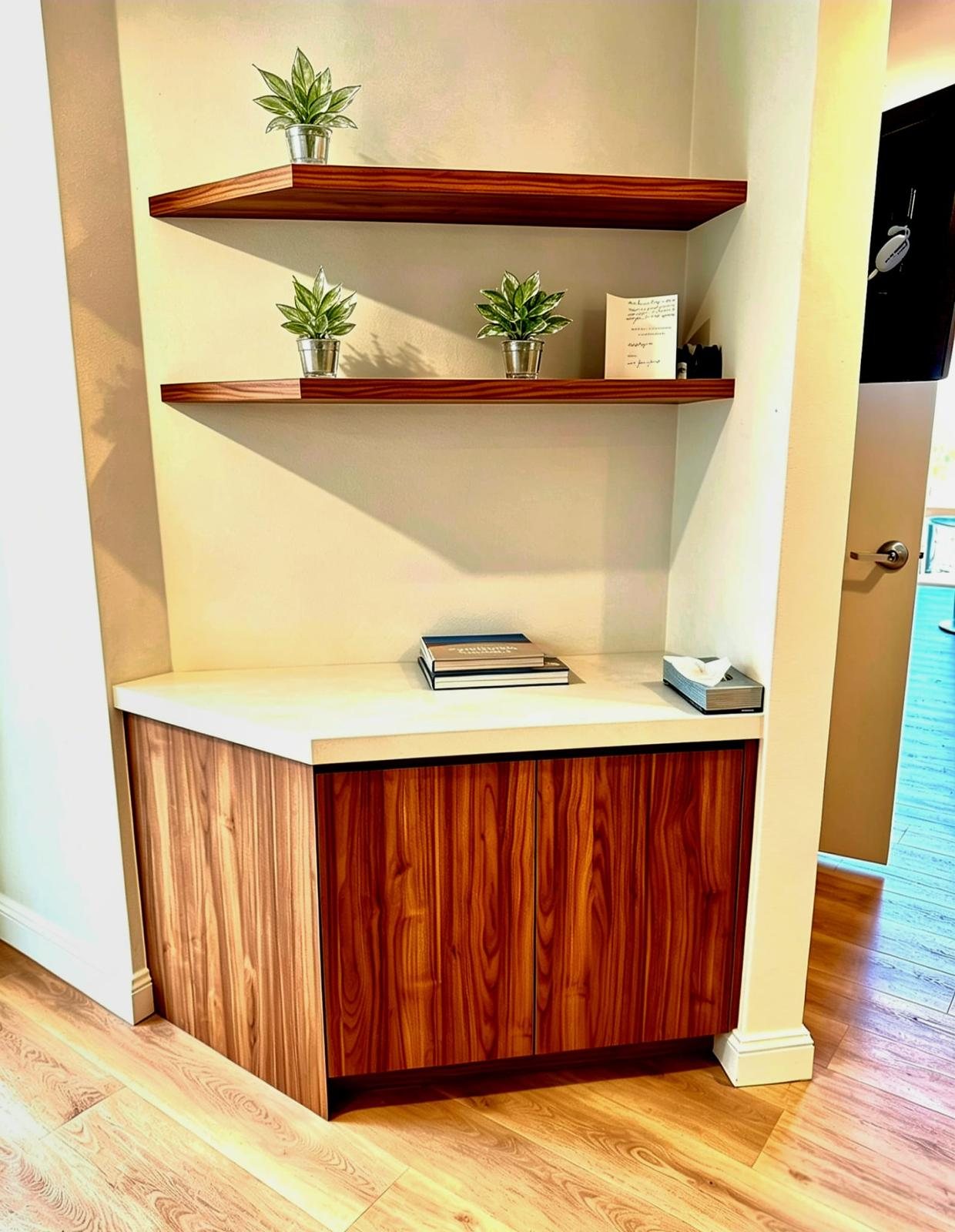 Bespoke walnut corner cabinetry with floating shelves